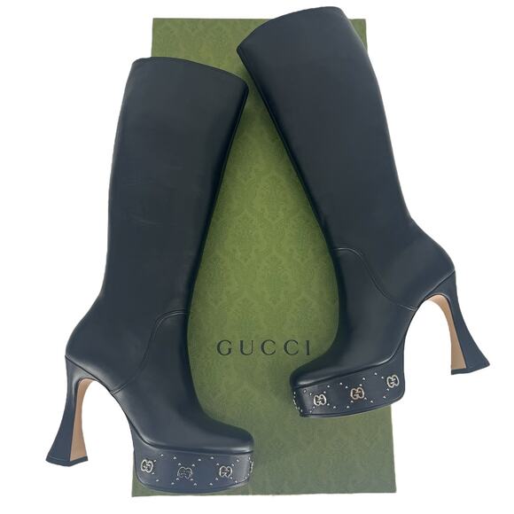Gucci Black Janaya Platform GG Studded Tall Knee High Boot - Picture 3 of 16
